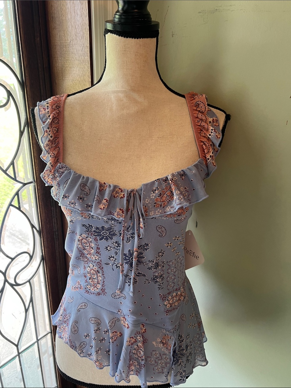 Light Blue Paisley Ruffle Tank Top